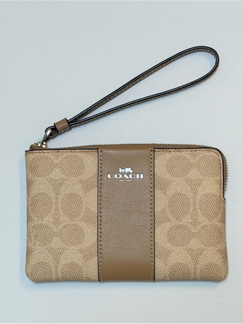 Coach Tan Signature Canvas Wristlet with Leather Stripe